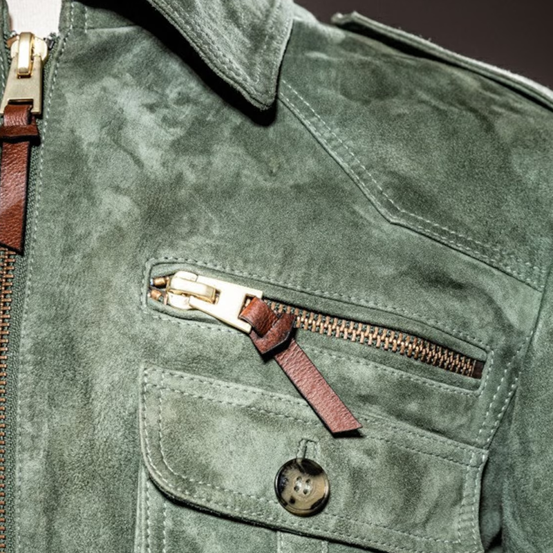 Męska retro kurtka z zamkiem błyskawicznym i kieszenią na piersi z zamszu 01953047Z