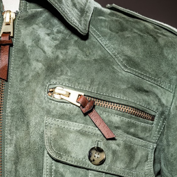 Męska retro kurtka z zamkiem błyskawicznym i kieszenią na piersi z zamszu 01953047Z