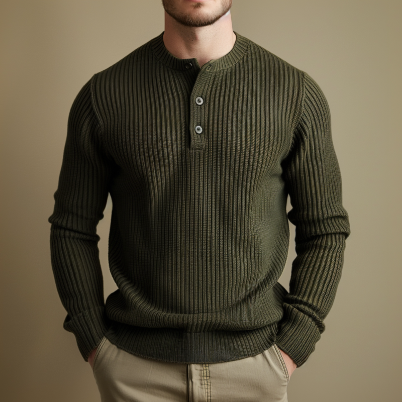 Męski sweter casualowy z dekoltem Henley, jednolity kolor, slim fit, długi rękaw, MTA0540H8M