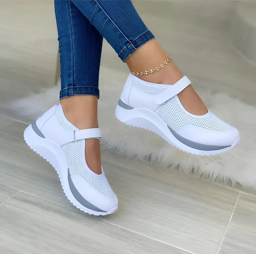 Żeńskie Oddychające Sneakersy Mary Jane - Lekkie Różowo-Szare Buty do Codziennego Użytku