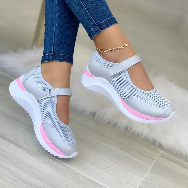 Żeńskie Oddychające Sneakersy Mary Jane - Lekkie Różowo-Szare Buty do Codziennego Użytku