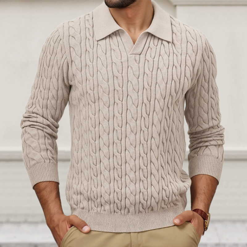 Męski vintage sweter z jednolitym kolorem, polo z kołnierzykiem, jednorzędowy, slim fit, dzianina w warkocze MTA1196H9M
