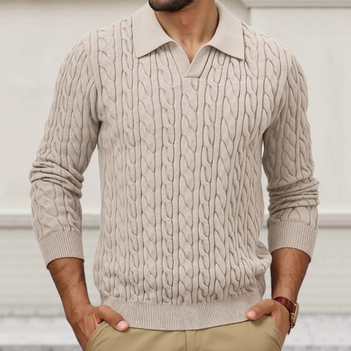 Męski vintage sweter z jednolitym kolorem, polo z kołnierzykiem, jednorzędowy, slim fit, dzianina w warkocze MTA1196H9M