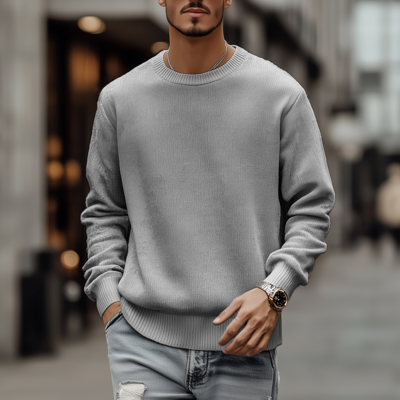 Męski casualowy oddychający sweter z okrągłym dekoltem, luźny, długi rękaw, dzianinowy MTA3154G7M