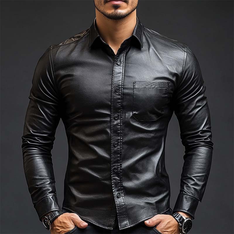 Męska Klasyczna Casual Slim Fit Skórzana Koszula z Długim Rękawem 79897850K