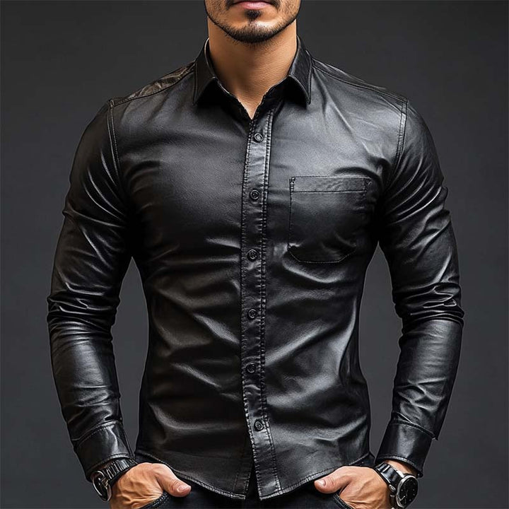 Męska Klasyczna Casual Slim Fit Skórzana Koszula z Długim Rękawem 79897850K