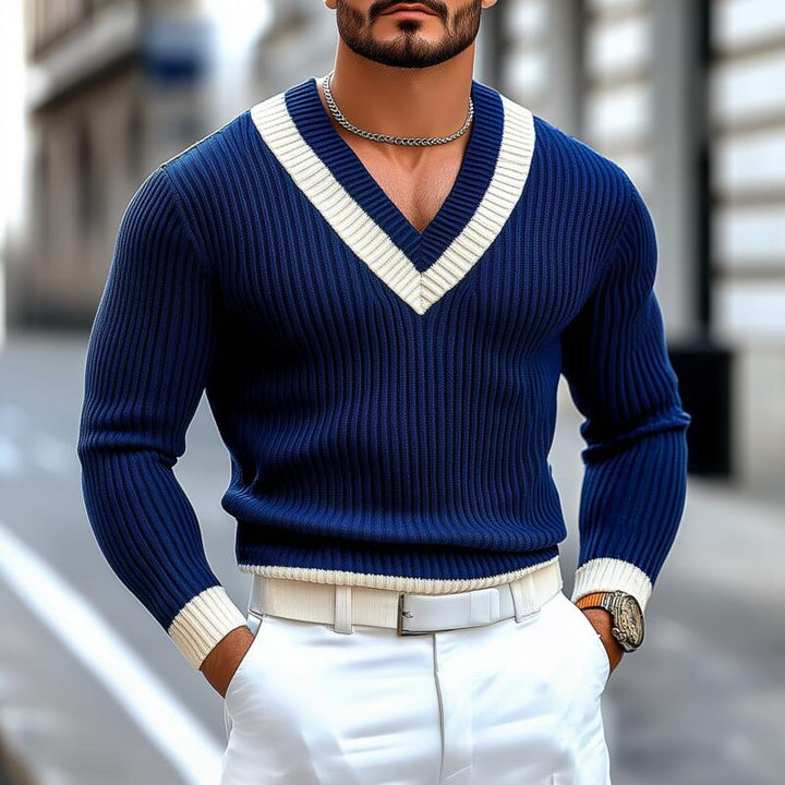 Męski Vintage Kontrastowy Sweter z V-kształtnym Dekoltem, Slim Fit, Długi Rękaw MTA2709H9M