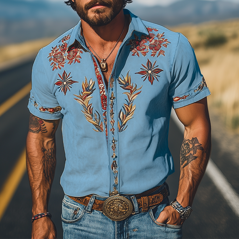 【24-godzinne wysyłanie】Męska koszula z krótkim rękawem w stylu retro western, zamszowa, haftowana, na wiosnę/lato MTA1533D2K