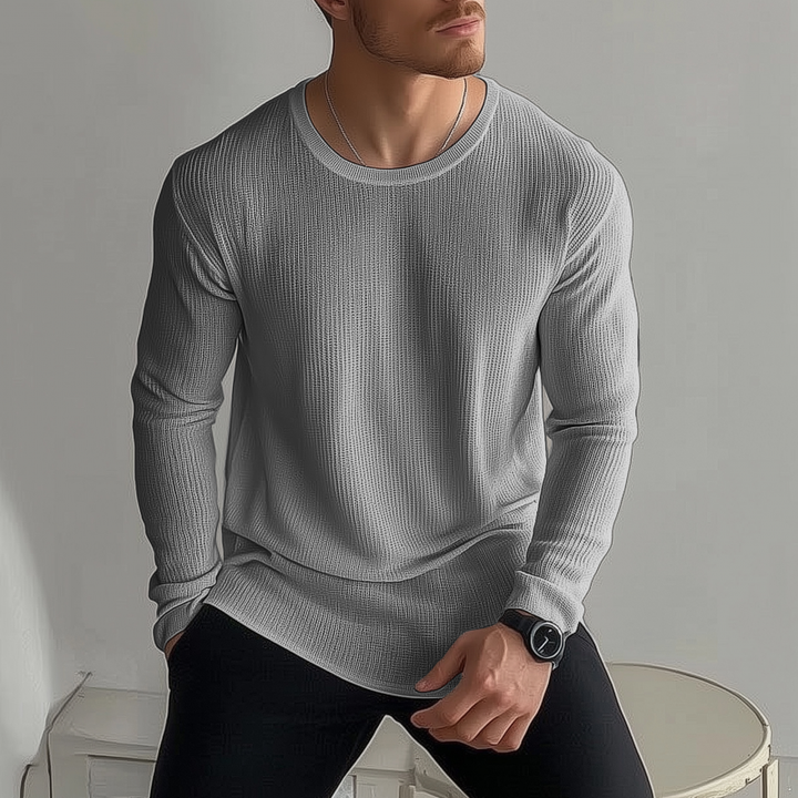 Męski Casual Jednolity Kolor Oddychający Dzianinowy Sweter T-shirt z Okrągłym Dekoltem Luźny Długi Rękaw MTA2184G6M