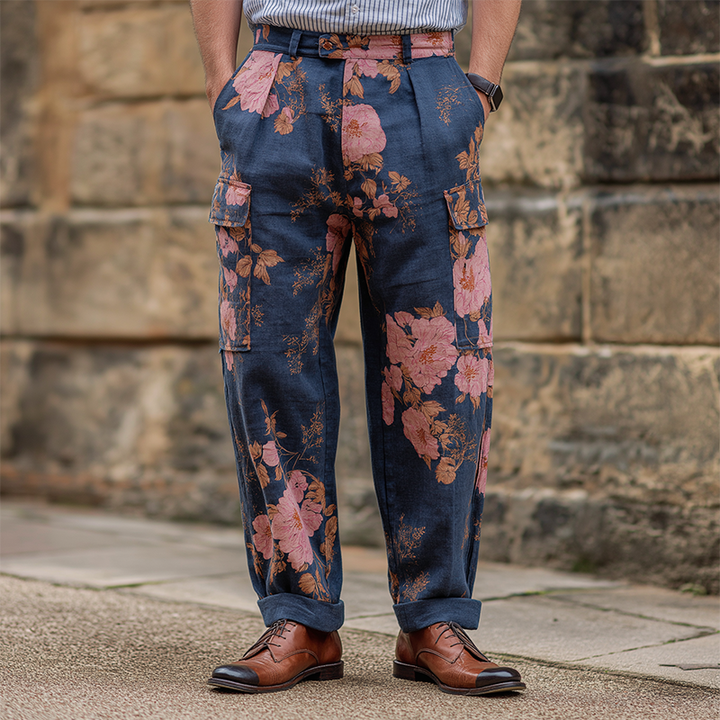 Męskie Vintage Casual Spodnie z Dużym Kwiatowym Wzorem i Kieszeniami MTA3162G7TO