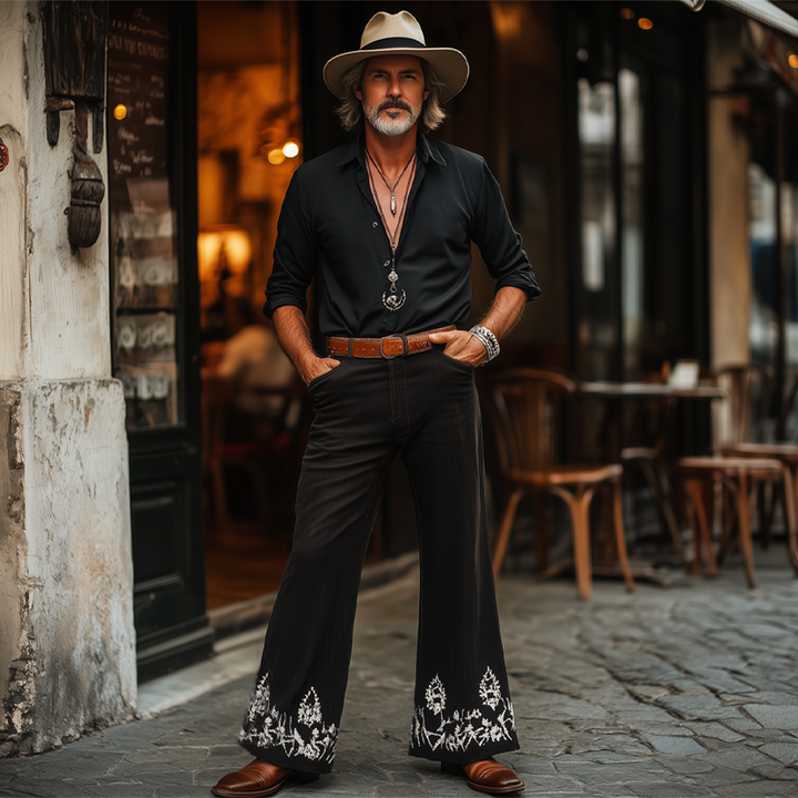 Męskie Spodnie w Stylu Western Cowboy Vintage Srebrne Haftowane z Rozkloszowanym Nogawką MTA1324F7U