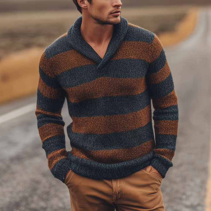 Męski klasyczny casualowy sweter z dekoltem w serek w kontrastowe paski, slim-fit MTA3077H8K