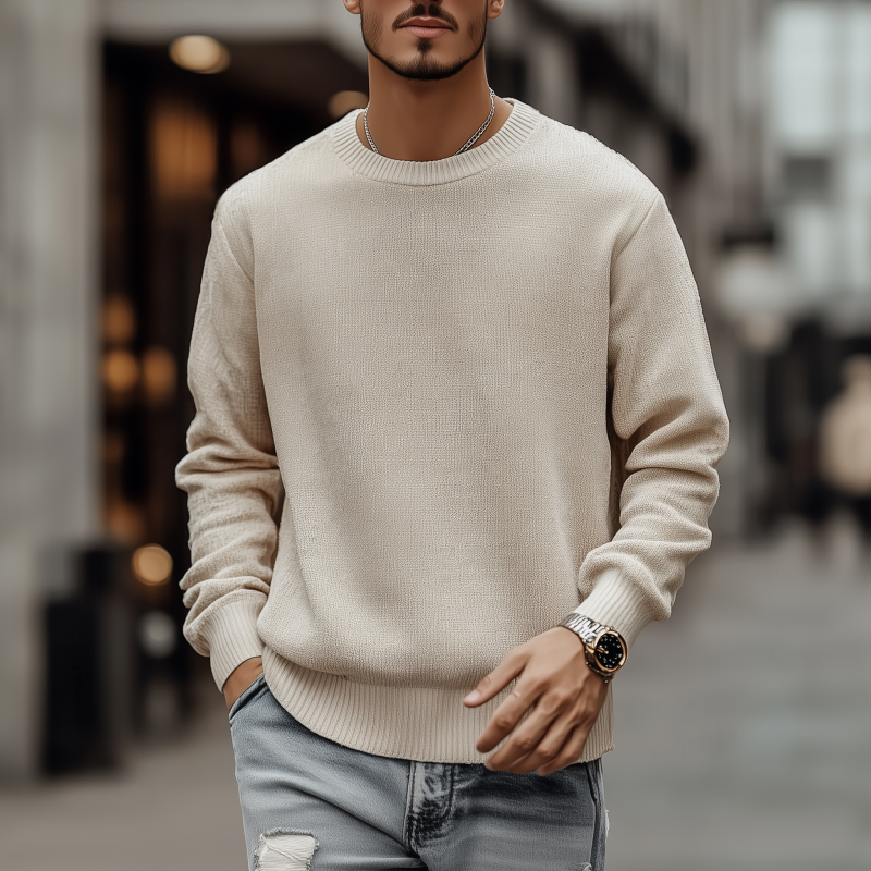 Męski casualowy oddychający sweter z okrągłym dekoltem, luźny, długi rękaw, dzianinowy MTA3154G7M