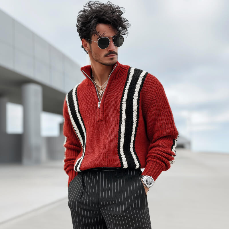Męski Vintage Kontrastowy Sweter z Oddychającego Dzianiny z Zapięciem na Zamek i Stojącym Kołnierzem MTA2841H3M