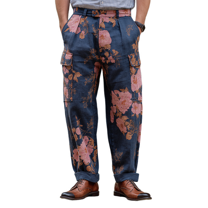 Męskie Vintage Casual Spodnie z Dużym Kwiatowym Wzorem i Kieszeniami MTA3162G7TO
