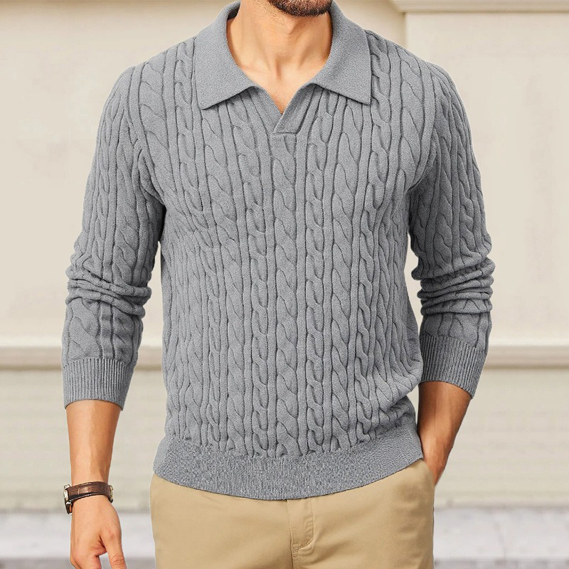 Męski sweter polo z dekoltem, slim fit, w jednolitym kolorze, z fakturą w warkocze MTA1373H6X