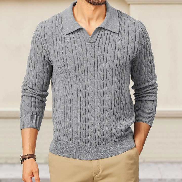 Męski sweter polo z dekoltem, slim fit, w jednolitym kolorze, z fakturą w warkocze MTA1373H6X