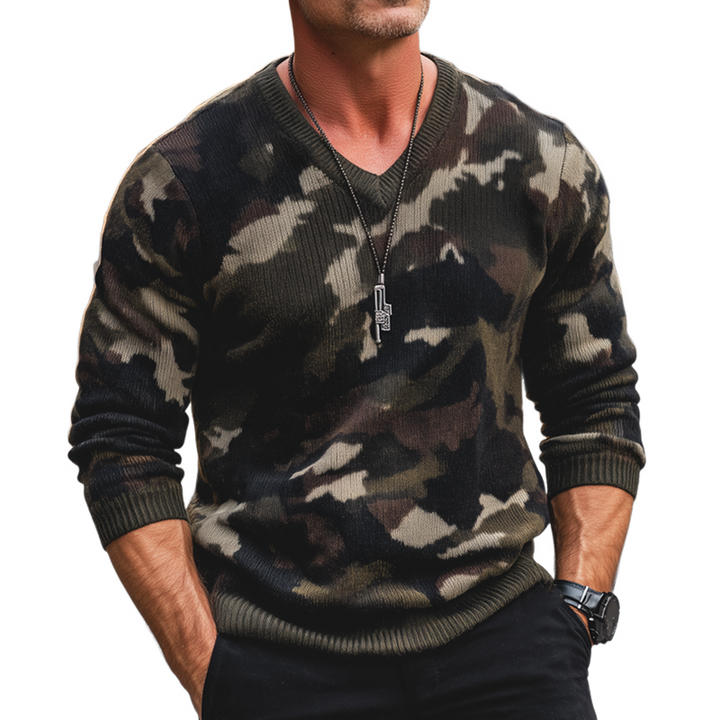Męski sweter w stylu vintage z dekoltem w serek w kamuflażu MTA2981H6U