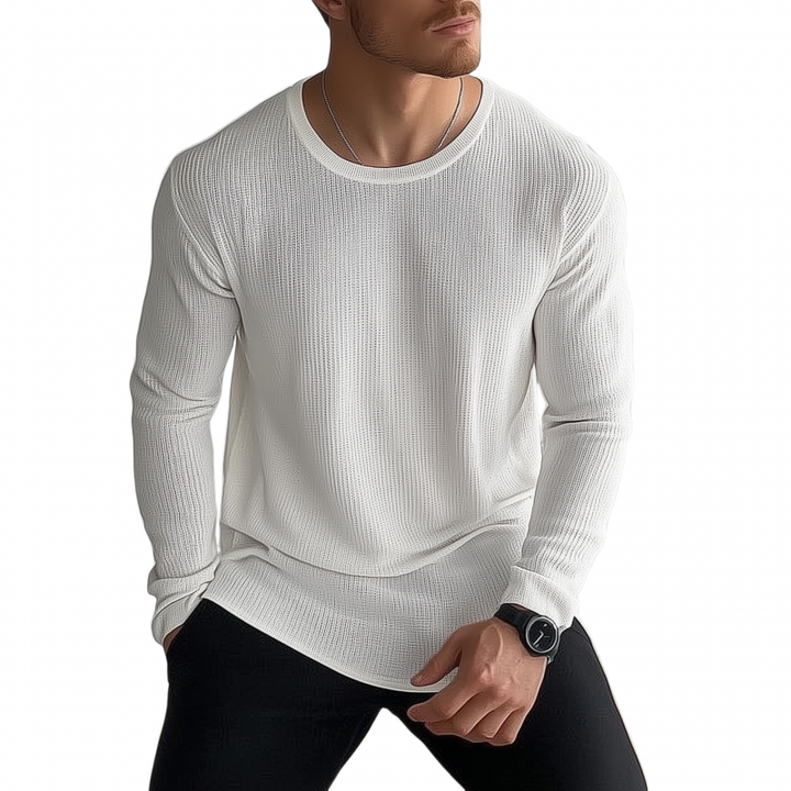 Męski Casual Jednolity Kolor Oddychający Dzianinowy Sweter T-shirt z Okrągłym Dekoltem Luźny Długi Rękaw MTA2184G6M