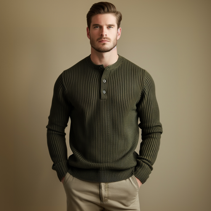 Męski sweter casualowy z dekoltem Henley, jednolity kolor, slim fit, długi rękaw, MTA0540H8M