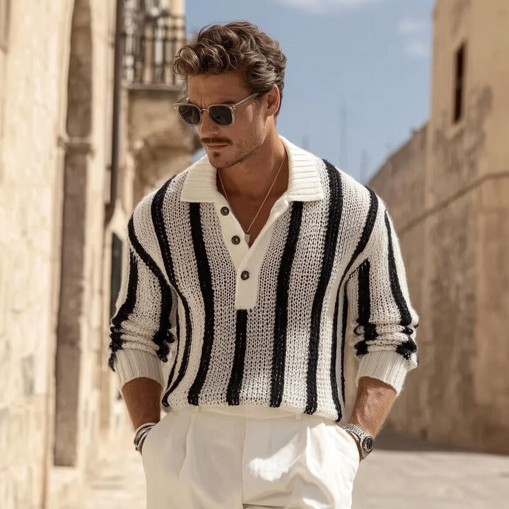 Męski vintage'owy sweter z kontrastowymi paskami, oddychający, z polo, luźny, MTA2831H1M