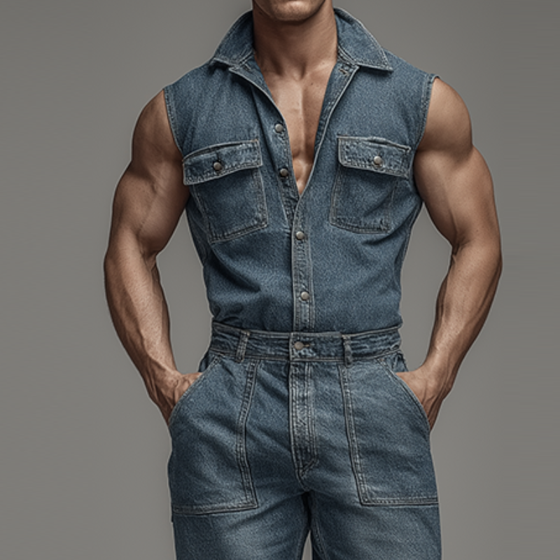 Męski Retro Casual Prany Dżinsowy Bezrękawnik z Kołnierzykiem MTA0440H4TO