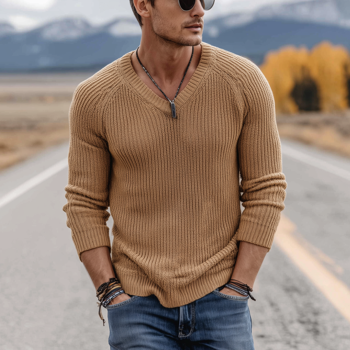 Męski klasyczny casualowy sweter V-neck slim fit cienki z długim rękawem MTA0247H1K