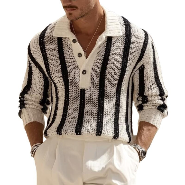Męski vintage'owy sweter z kontrastowymi paskami, oddychający, z polo, luźny, MTA2831H1M