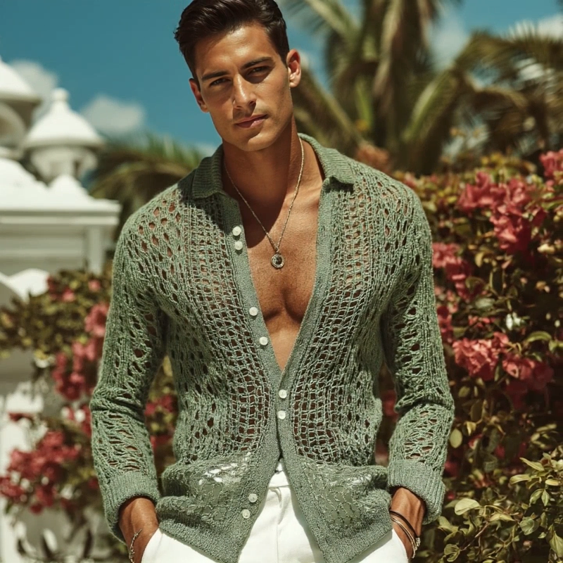 Męska Retro Casual Hollow Knit Koszula z Długim Rękawem MTA2892G7TO