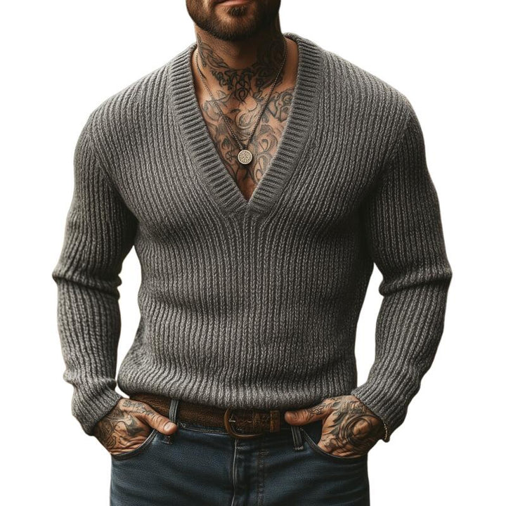Męski sweter pulower z dekoltem w serek, oddychający, slim fit, gładki kolor MTA2855H8M