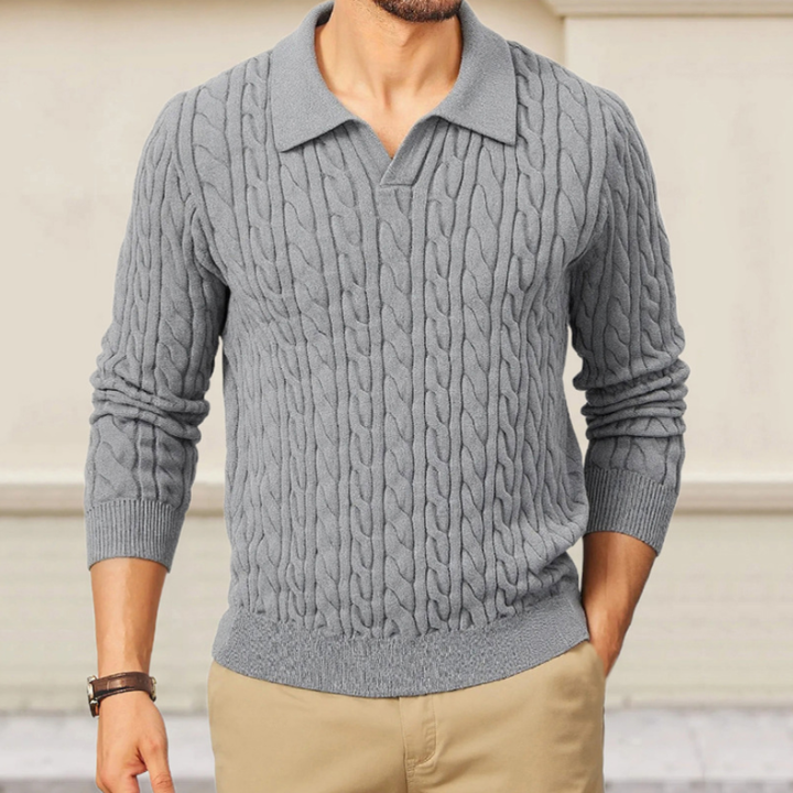 Męski vintage sweter z jednolitym kolorem, polo z kołnierzykiem, jednorzędowy, slim fit, dzianina w warkocze MTA1196H9M