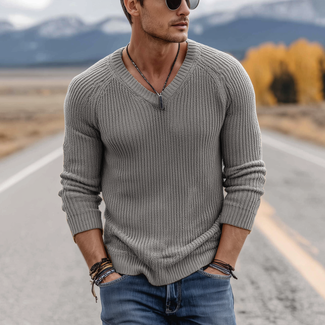 Męski klasyczny casualowy sweter V-neck slim fit cienki z długim rękawem MTA0247H1K