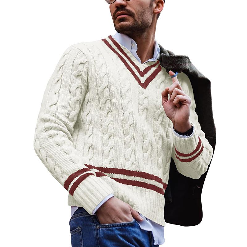 Męski sweter casualowy z dekoltem w serek, w kolorowe bloki i paski, luźny, dzianinowy 46504810M