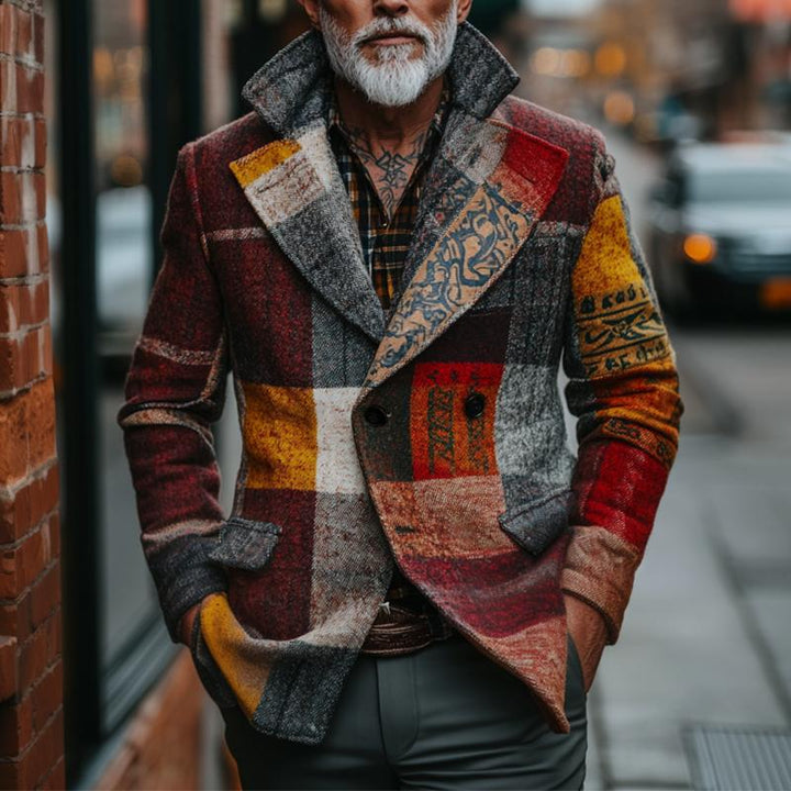 Męska retro casualowa kurtka z tkaniny tweed w kratę w stylu etnicznym 78526897TO