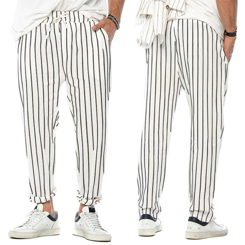 Męskie Spodnie Casual w Pionowe Paski z Bawełny i Lnu, Proste, Luźne, Modne 38653954Z