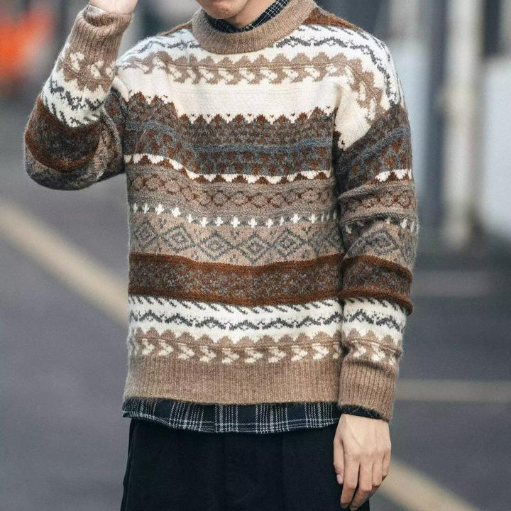 Męski sweter z okrągłym dekoltem i długim rękawem w wzór Fair Isle 36360801Z
