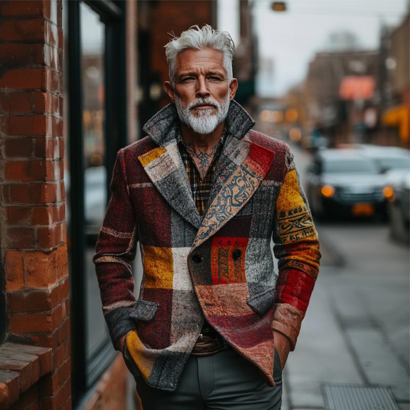 Męska retro casualowa kurtka z tkaniny tweed w kratę w stylu etnicznym 78526897TO