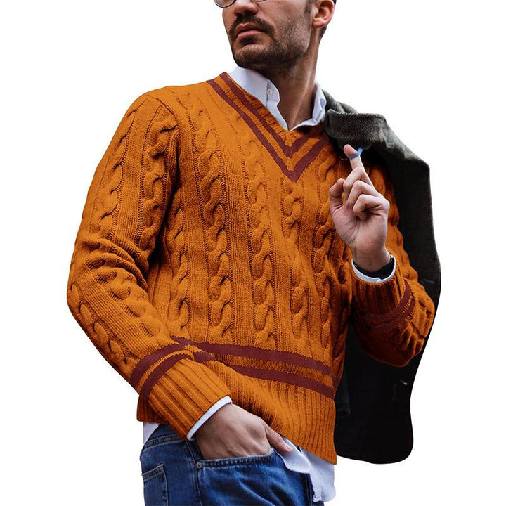 Męski sweter casualowy z dekoltem w serek, w kolorowe bloki i paski, luźny, dzianinowy 46504810M