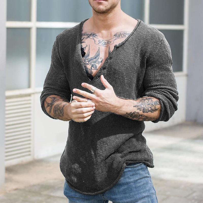 Męski sweter casualowy z dekoltem w serek, długi rękaw, slim fit, dzianinowy 30697065M