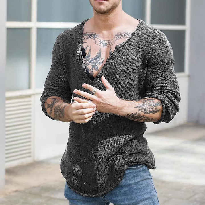 Męski sweter casualowy z dekoltem w serek, długi rękaw, slim fit, dzianinowy 30697065M