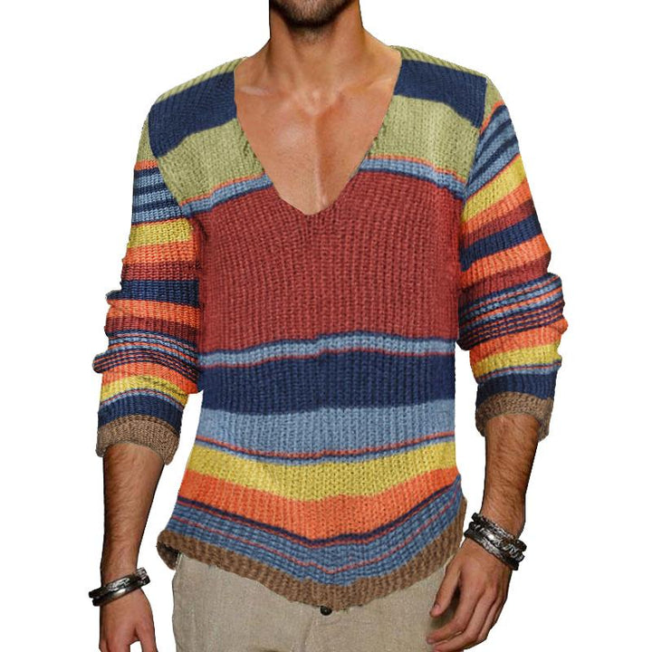 Męski vintage sweter z dekoltem w serek w tęczowe paski 10689080X