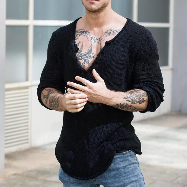 Męski sweter casualowy z dekoltem w serek, długi rękaw, slim fit, dzianinowy 30697065M