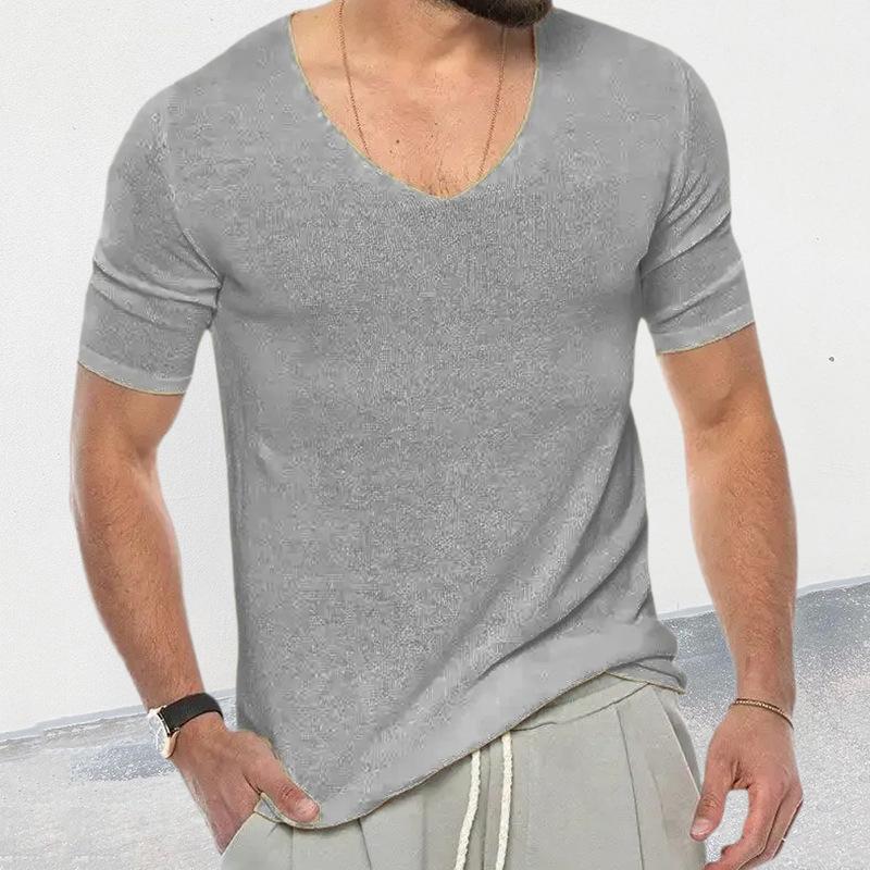 Męski sweter casual w jednolitym kolorze z dekoltem w serek, krótki rękaw 05621460Y