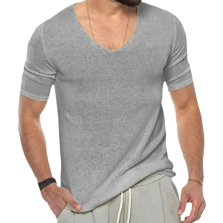 Męski sweter casual w jednolitym kolorze z dekoltem w serek, krótki rękaw 05621460Y