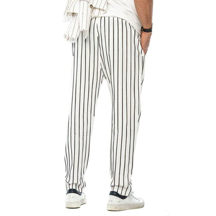 Męskie Spodnie Casual w Pionowe Paski z Bawełny i Lnu, Proste, Luźne, Modne 38653954Z