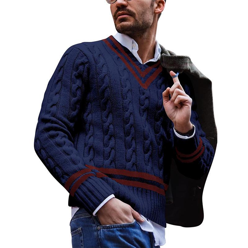 Męski sweter casualowy z dekoltem w serek, w kolorowe bloki i paski, luźny, dzianinowy 46504810M