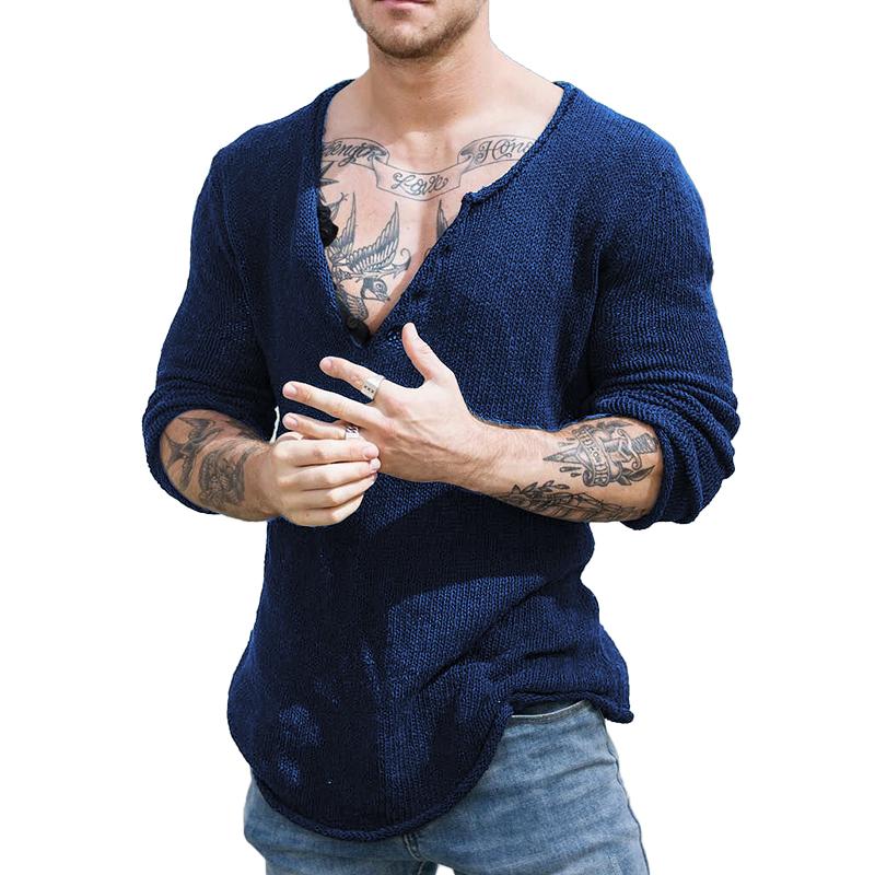 Męski sweter casualowy z dekoltem w serek, długi rękaw, slim fit, dzianinowy 30697065M