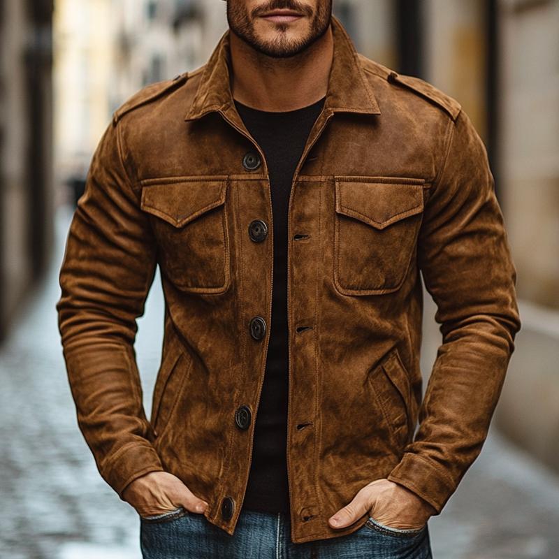 Męska Vintage Casual Suede Kurtka z Kieszeniami na Guziki 10887222TO