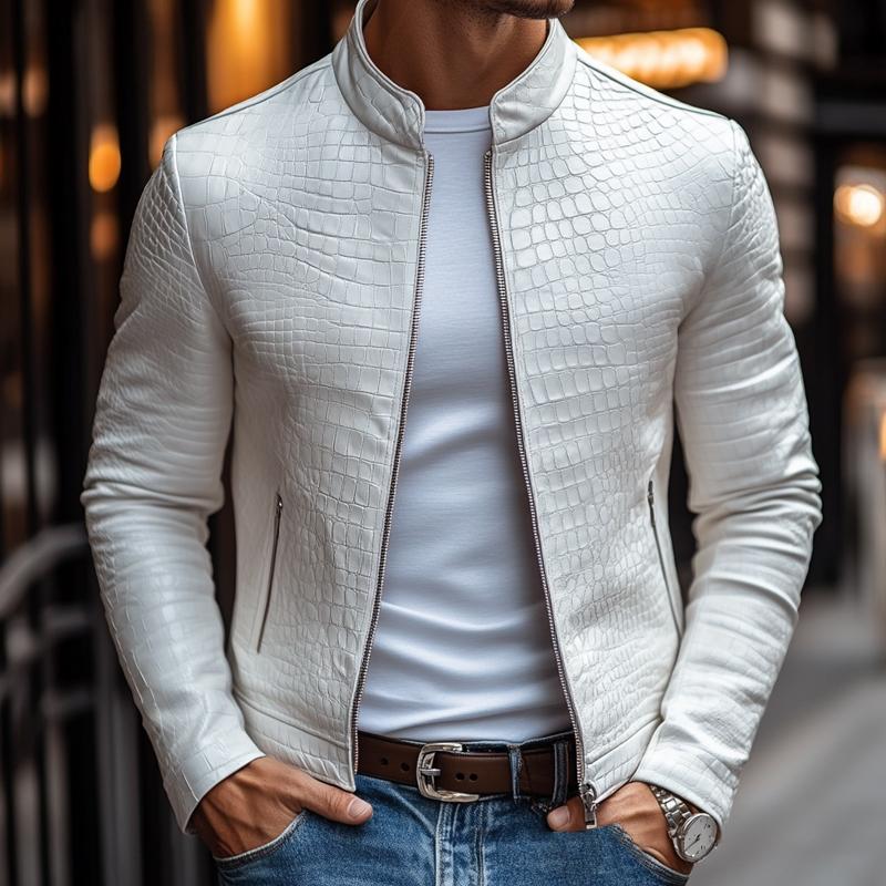 【24-godzinny czas wysyłki】Męska modna kurtka skórzana z zamkiem, slim fit, z wzorem kamienia, kołnierz stojący 45773252M