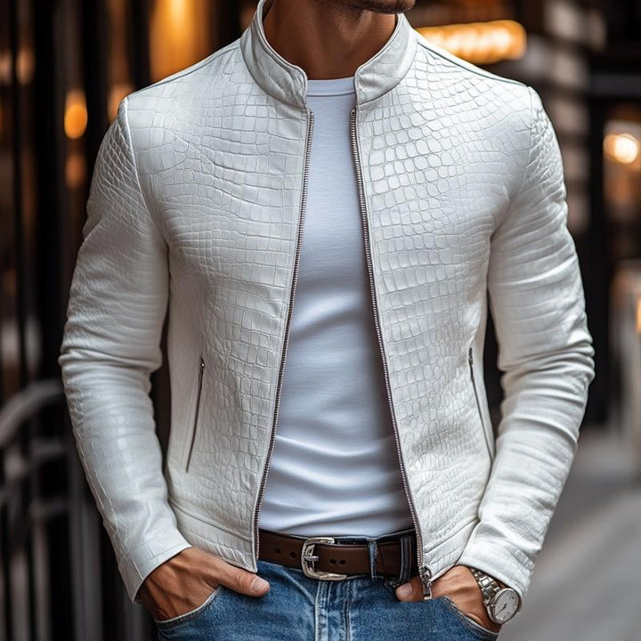 【24-godzinny czas wysyłki】Męska modna kurtka skórzana z zamkiem, slim fit, z wzorem kamienia, kołnierz stojący 45773252M